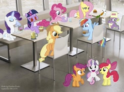 Size: 809x604 | Tagged: safe, artist:painbowcrash, derpibooru import, apple bloom, applejack, fluttershy, pinkie pie, rainbow dash, rarity, scootaloo, spike, sweetie belle, twilight sparkle, twilight sparkle (alicorn), alicorn, pony, chair, cutie mark crusaders, female, irl, mane six, mare, photo, ponies in real life, table