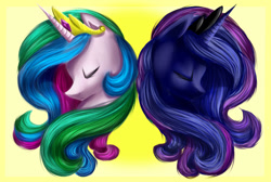 Size: 1024x687 | Tagged: safe, artist:aschenstern, princess celestia, princess luna, alicorn, pony, bust, eyes closed