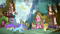 Size: 1280x720 | Tagged: safe, screencap, berry punch, berryshine, bon bon, carrot top, derpy hooves, golden harvest, lemon hearts, lightning bolt, sassaflash, sea swirl, seafoam, sunshower raindrops, sweetie drops, twinkleshine, white lightning, earth pony, pegasus, pony, unicorn, bloom and gloom, discovery family, discovery family logo, female, flying, mare, missing horn, orchid dew, race swap