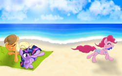 Size: 3200x2000 | Tagged: safe, artist:xonxt, applejack, pinkie pie, twilight sparkle, earth pony, pony, assisted exposure, beach, bikini, clothes, clothing theft, partial nudity, swimsuit, topless