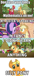 Size: 501x1111 | Tagged: safe, applejack, big macintosh, twilight sparkle, earth pony, pony, fancy, fancy mathematics, i didn't learn anything, image macro, silly, silly pony, who's a silly pony