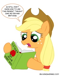 Size: 691x866 | Tagged: safe, artist:gonzahermeg, applejack, earth pony, pony, accent, book, female, illiteracy, mare, silly, silly pony, simple background, solo, who's a silly pony