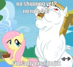 Size: 467x427 | Tagged: safe, bulk biceps, fluttershy, pegasus, pony, rainbow falls, female, flutterbulk, image macro, male, muffin, shipping, straight