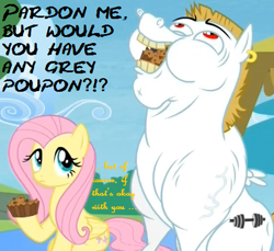 Size: 467x427 | Tagged: safe, edit, edited screencap, screencap, bulk biceps, fluttershy, pegasus, pony, apple brown betty (food), duo, ear piercing, earring, female, food, grey poupon, jewelry, male, mare, meme, piercing, roid rage, stallion, vein