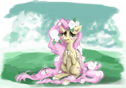 Size: 1556x1092 | Tagged: safe, artist:vita-ex-machina, fluttershy, pegasus, pony, blushing, crying, flower, solo