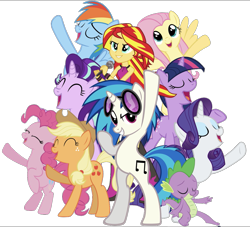 Size: 1271x1154 | Tagged: safe, editor:php77, applejack, dj pon-3, fluttershy, pinkie pie, rainbow dash, rarity, spike, starlight glimmer, sunset shimmer, twilight sparkle, vinyl scratch, equestria girls, rainbow rocks, mane six, simple background, transparent background