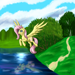 Size: 1600x1600 | Tagged: safe, artist:artyjoyful, fluttershy, pegasus, pony, female, mare, pink mane, solo, yellow coat