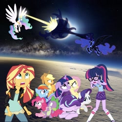 Size: 1535x1536 | Tagged: safe, editor:php77, applejack, fluttershy, nightmare moon, pinkie pie, princess celestia, rainbow dash, rarity, sci-twi, spike, starlight glimmer, sunset shimmer, twilight sparkle, equestria girls, camp everfree outfits, clothes, eyes closed, glasses, mane seven, mane six, ponytail, scared, socks