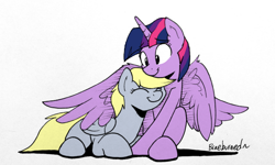 Size: 640x384 | Tagged: safe, artist:braeburned edits, artist:slowcoloringfag, color edit, edit, derpy hooves, twilight sparkle, twilight sparkle (alicorn), alicorn, pony, colored, female, lesbian, mare, shipping, twerpy