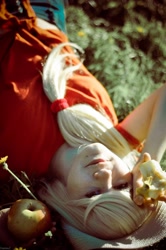 Size: 2136x3216 | Tagged: safe, artist:lissabonbon, applejack, human, apple, cosplay, irl, irl human, on back, photo, solo