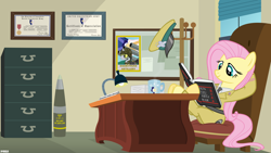 Size: 3000x1688 | Tagged: safe, artist:a4r91n, fluttershy, pegasus, pony, clothes, command and conquer, crossover, generals, military uniform, office, reading, sitting, solo, the art of war, uniform