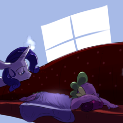 Size: 1024x1024 | Tagged: safe, artist:imsokyo, rarity, spike, dragon, pony, unicorn, :3, bedroom eyes, blanket, cute, daily sleeping spike, eyes closed, fainting couch, floppy ears, glowing horn, levitation, magic, prone, sleeping, smiling, sofa, telekinesis, tumblr