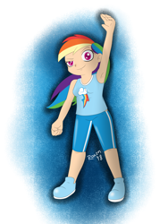 Size: 1024x1365 | Tagged: safe, artist:roxenmaratoun, derpibooru import, rainbow dash, human, abstract background, armpits, cutie mark clothes, humanized, looking at you, sports shorts