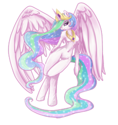 Size: 800x849 | Tagged: safe, artist:jesuka, princess celestia, alicorn, anthro, pony, female, horn, mare, multicolored mane, solo, white coat