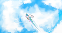 Size: 1366x728 | Tagged: safe, artist:xxmarkingxx, princess celestia, alicorn, pony, cloud, cloudy, flying, solo, spread wings