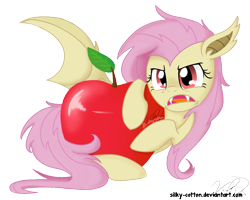 Size: 1000x800 | Tagged: safe, artist:silky-cotton, fluttershy, bat pony, pony, bats!, apple, flutterbat, race swap, solo