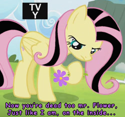 Size: 622x582 | Tagged: safe, edit, screencap, fluttershy, pegasus, pony, rainbow falls, comic sans, depressed, emo, emoshy, flower, sad, solo