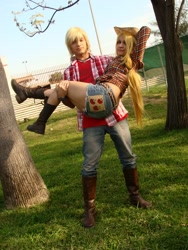 Size: 720x960 | Tagged: safe, artist:deniisseh, applejack, big macintosh, human, carrying, cosplay, irl, irl human, photo