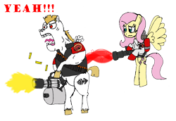 Size: 1374x946 | Tagged: safe, artist:jrapcdaikari, bulk biceps, fluttershy, pegasus, pony, rainbow falls, fluttermedic, heavy weapons guy, medic, minigun, team fortress 2, yeah