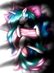 Size: 1256x1710 | Tagged: safe, artist:crestfallencelestia, princess celestia, alicorn, pony, bed, eyes closed, on back, pillow, sleeping, solo