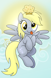 Size: 6750x10350 | Tagged: safe, artist:drawponies, derpy hooves, pegasus, pony, absurd resolution, cloud, cute, derpabetes, female, flying, mare, muffin, muffin queen, solo, tongue out