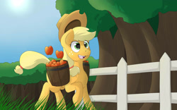 Size: 3840x2400 | Tagged: safe, artist:thebatfang, applejack, earth pony, pony, apple, solo, working