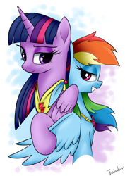 Size: 2480x3507 | Tagged: safe, artist:twidasher, derpibooru import, rainbow dash, twilight sparkle, twilight sparkle (alicorn), alicorn, pegasus, pony, abstract background, blue feather, element of loyalty, element of magic, female, grin, lesbian, looking at each other, mare, shipping, simple background, smiling, twidash