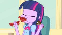 Size: 450x253 | Tagged: safe, artist:tiarawhy, derpibooru import, screencap, twilight sparkle, equestria girls, equestria girls (movie), animated, bacon, chewing, meat, nom, omnivore twilight, ponies eating meat, solo