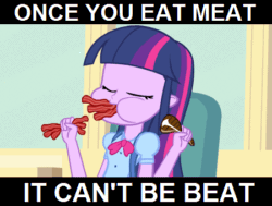 Size: 450x341 | Tagged: safe, artist:tiarawhy, derpibooru import, edit, screencap, twilight sparkle, equestria girls, equestria girls (movie), animated, bacon, chewing, image macro, meat, nom, omnivore twilight, ponies eating meat, solo