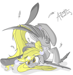 Size: 2900x3000 | Tagged: safe, artist:asimplerarity, derpy hooves, pegasus, pony, backbend, bruised, crash, feather, female, floppy ears, mare, simple background, solo