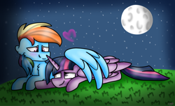 Size: 1024x621 | Tagged: safe, artist:clairedaartiste444, derpibooru import, rainbow dash, twilight sparkle, twilight sparkle (alicorn), alicorn, pegasus, pony, female, heart, hug, lesbian, moon, night, shipping, twidash, winghug