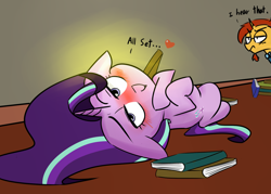 Size: 1400x1000 | Tagged: safe, artist:zouyugi, starlight glimmer, sunburst, pony, unicorn, bedroom eyes, blushing, book, dialogue, female, glasses, male, mare, shipping, smiling, stallion, starburst, straight