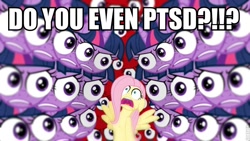 Size: 800x450 | Tagged: safe, derpibooru import, edit, edited screencap, screencap, fluttershy, twilight sparkle, pegasus, pony, hurricane fluttershy, do you even lift, image macro, post traumatic stress disorder, ptsd, special eyes