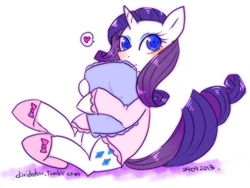 Size: 533x400 | Tagged: safe, artist:divided-s, rarity, pony, unicorn, clothes, pillow hug, pixiv, slippers, solo