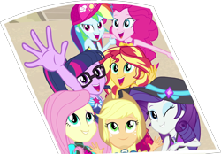 Size: 1529x1067 | Tagged: safe, artist:thebar, derpibooru import, edit, edited screencap, screencap, applejack, fluttershy, pinkie pie, rainbow dash, rarity, sci-twi, sunset shimmer, twilight sparkle, better together, equestria girls, forgotten friendship, clothes, cowboy hat, female, hat, humane five, humane seven, humane six, photo, simple background, swimsuit, transparent background, wetsuit