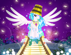 Size: 3300x2550 | Tagged: safe, artist:pixelkitties, princess celestia, alicorn, firefly (insect), pony, bedroom eyes, bucket, eyeshadow, headbucket, ice, ice bucket challenge, looking at you, majestic, majestic as fuck, night, sillestia, silly, smiling, spread wings, vector, wet, wet mane