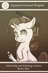 Size: 1280x1920 | Tagged: safe, artist:espeon, rarity, pony, unicorn, ask surgeon rarity, bust, diploma, looking at you, misleading thumbnail, not a penis, portrait, sitting, smiling, solo