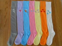 Size: 3264x2448 | Tagged: safe, artist:tiny equine stockings, applejack, derpy hooves, fluttershy, pinkie pie, rainbow dash, rarity, twilight sparkle, pegasus, pony, clothes, crowdfunding, cutie mark, female, irl, kneesocks, mane six, mare, merchandise, photo, socks, stockings