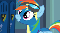 Size: 1920x1080 | Tagged: safe, derpibooru import, screencap, rainbow dash, pegasus, pony, grannies gone wild, clothes, female, goggles, locker room, mare, solo, uniform, wonderbolts uniform