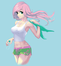 Size: 1306x1403 | Tagged: safe, artist:uher0, fluttershy, human, armpits, belly button, bottle, clothes, female, humanized, light skin, midriff, shorts, smiling, solo, tanktop, windswept mane