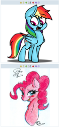 Size: 260x547 | Tagged: safe, derpibooru import, pinkie pie, rainbow dash, earth pony, pegasus, pony, derpibooru, exploitable meme, juxtaposition, juxtaposition win, meme, meta