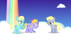 Size: 900x450 | Tagged: safe, artist:ligantm, cloud kicker, derpy hooves, sassaflash, pegasus, pony, bow, filly, hair bow, rainbow