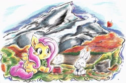 Size: 1024x678 | Tagged: safe, artist:milkcannon, angel bunny, fluttershy, pegasus, pony, female, mare, traditional art