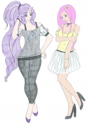 Size: 1432x2024 | Tagged: safe, artist:iliowahine, fluttershy, rarity, human, horned humanization, humanized, light skin, necklace