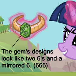 Size: 666x666 | Tagged: safe, derpibooru import, edit, edited screencap, screencap, twilight sparkle, magic duel, 666, text