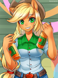 Size: 700x933 | Tagged: safe, artist:racoonsan, applejack, equestria girls, equestria girls (movie), applejack's hat, belt, bottle, canterlot high, clothes, cowboy hat, denim skirt, female, freckles, gymnasium, hat, looking at you, ponied up, pony ears, shirt, skirt, smiling, solo