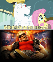 Size: 642x756 | Tagged: safe, bulk biceps, fluttershy, pegasus, pony, blonde, blonde hair, blonde mane, blonde tail, blue eyes, curtain, duke nukem, ear piercing, female, looking to side, looking to the right, male, mare, meme, open mouth, piercing, pink mane, pink tail, red eyes, replacement meme, smiling, spread wings, stallion, text, white coat, wings, yellow coat