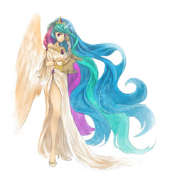 Size: 800x825 | Tagged: safe, artist:nagai13, princess celestia, human, horned humanization, humanized, scroll, solo, winged humanization