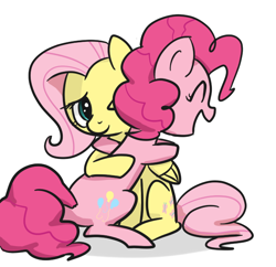 Size: 620x600 | Tagged: safe, artist:spicyhamsandwich, fluttershy, pinkie pie, earth pony, pegasus, pony, female, flutterpie, hug, lesbian