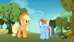 Size: 1920x1080 | Tagged: safe, derpibooru import, screencap, applejack, rainbow dash, earth pony, pegasus, pony, grannies gone wild, apple tree, tree